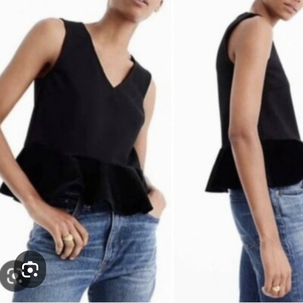 J. Crew Black Sleeveless Peplum Blouse With Velvet Trim